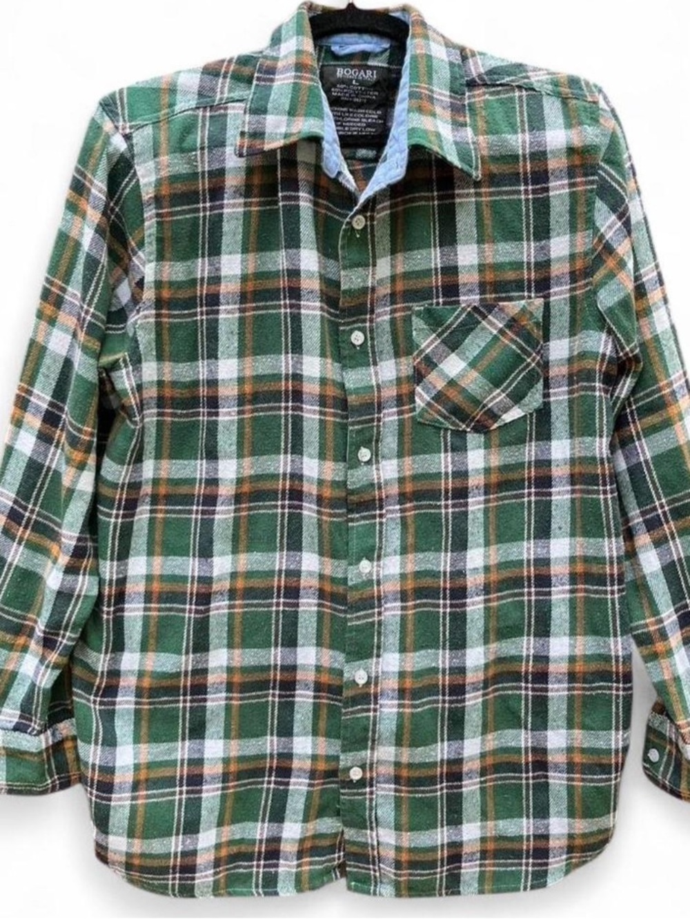 Vintage Bogari Green Plaid Button-Down Shirt with White and Brown Accents